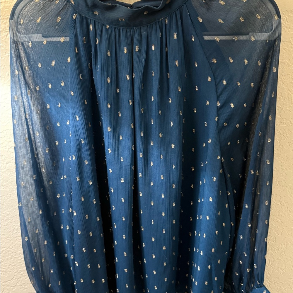 Ann Taylor Teal Blouse with tan Dots